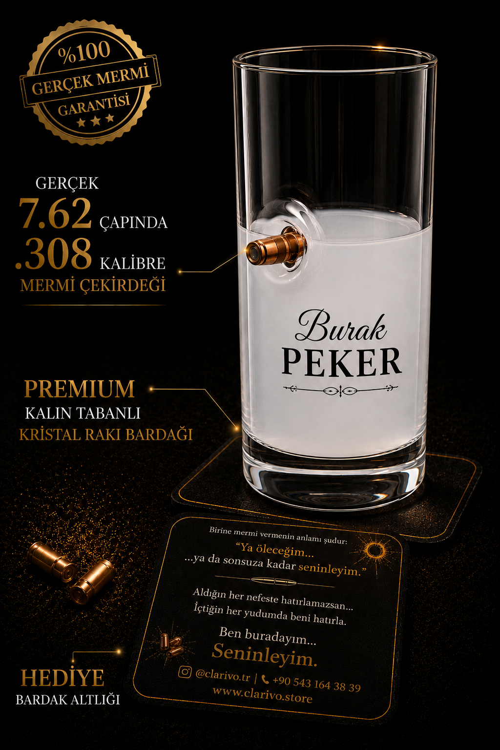 🏴‍☠️ Rakı Bardağı (Gerçek 7.62 Çaplı 308. Mermi Çekirdeği Detaylı)