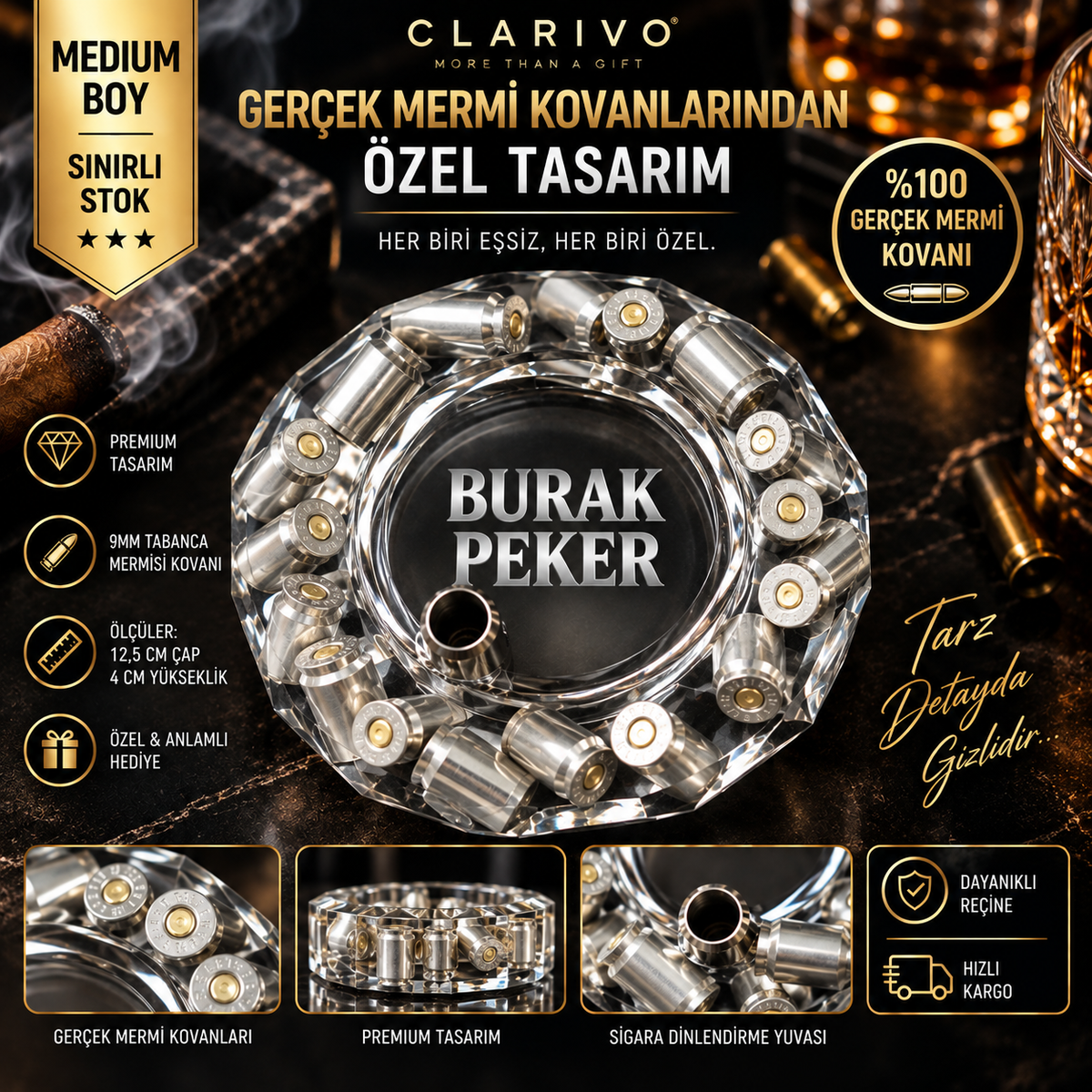 🏴‍☠️ Tasarım Küllük Gerçek  9MM Mermi Kovan'lı