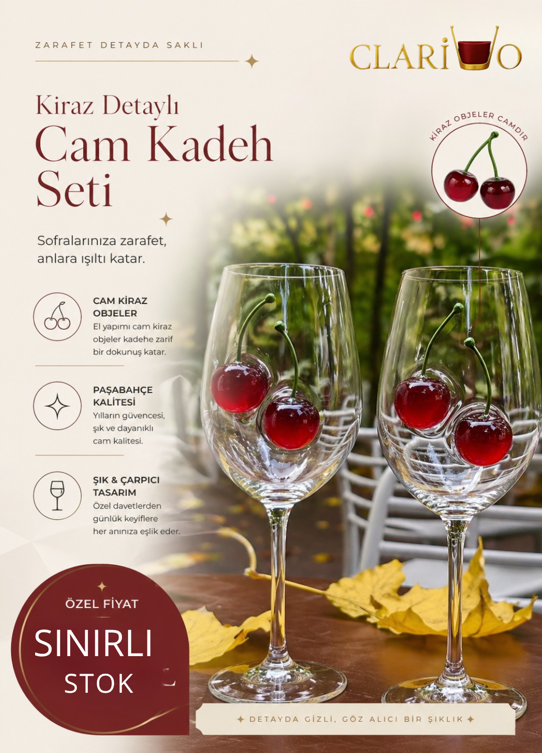 🍒 Kiraz Detaylı Şarap Bardağı – Clarivo 🍷 (EN ÇOK SATAN)